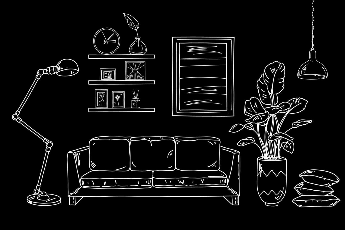 Vector sketch of living room. Interior design with sofa, lamp, pot, home plants, pillows, frames.