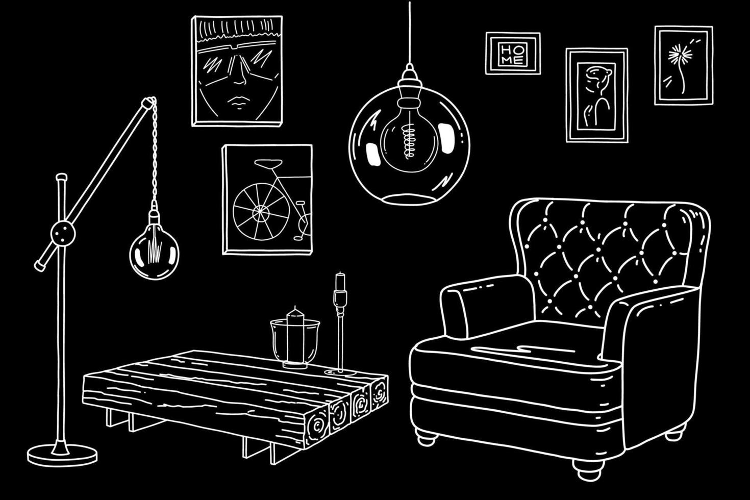 interiores de estilo industrial. vector de dibujo a mano. apartamento con sillón, mesa, lámpara, marco en la pared.