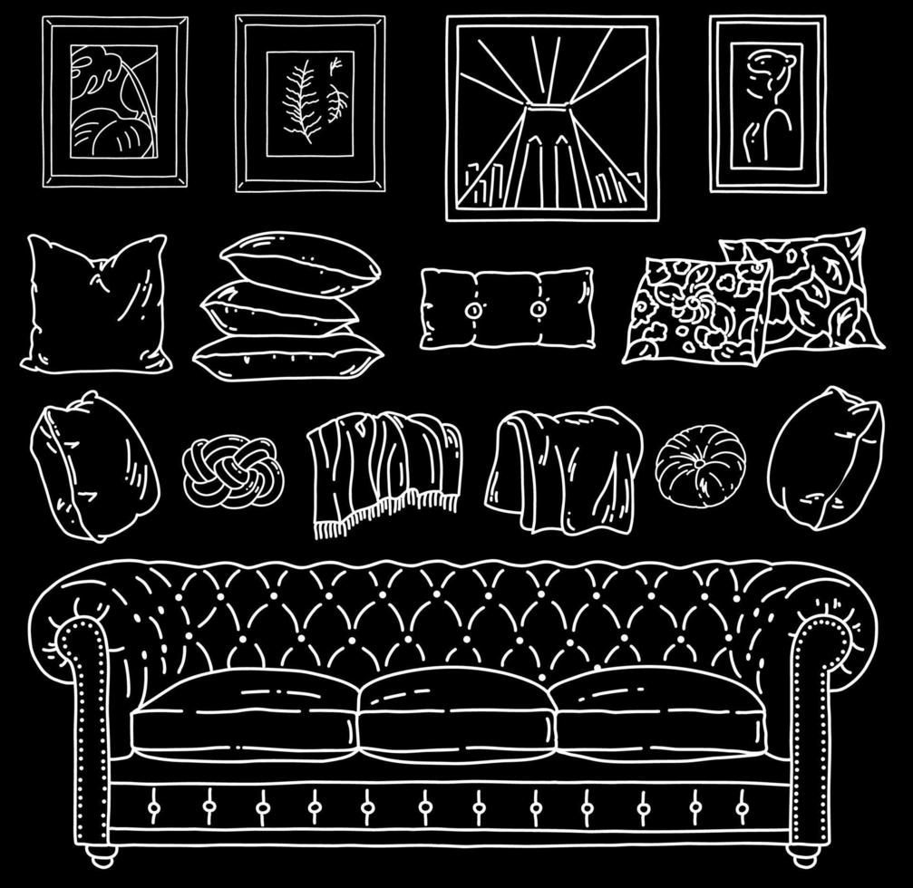 constructor de interiores de habitaciones. estilo loft de muebles dibujados a mano. ilustración vectorial con sofá, almohada, cuadros, cuadro en la pared. vector