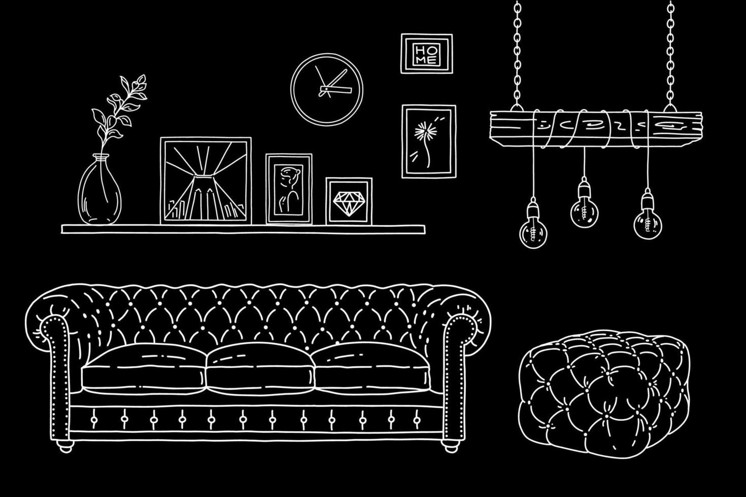 boceto de vivienda. ilustración vectorial con sofá, puf, lámpara, marco de fotos. interior de estilo loft. vector