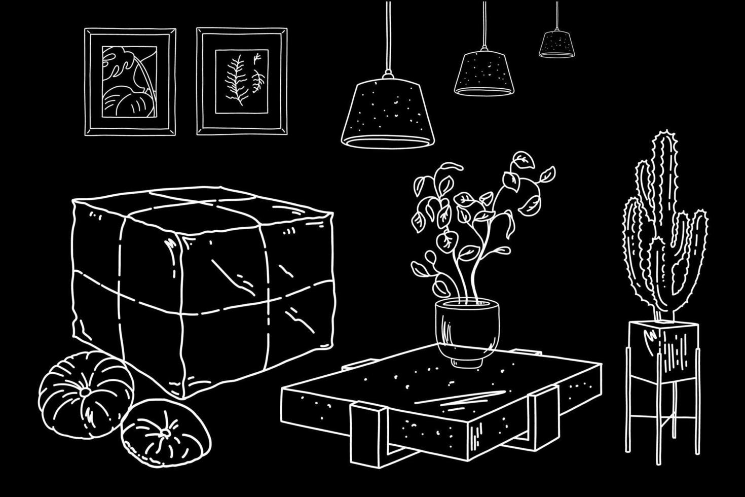 Illustration of interior room. Loft style furniture in living room. Vector sketch with pouf, lamp, pillow, table and home plants.