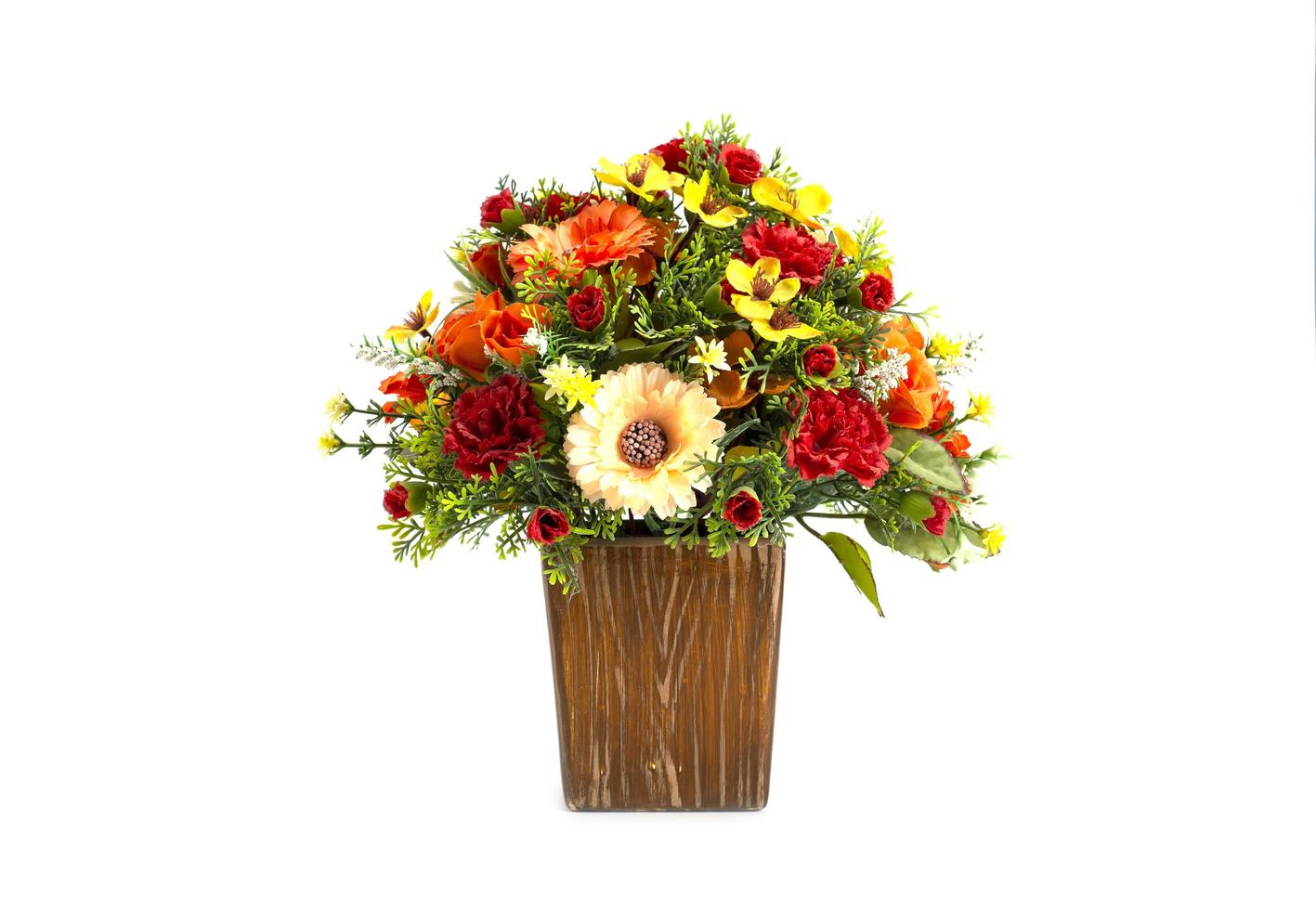 colorful fake flower pots for decorating a separate room on a white background photo