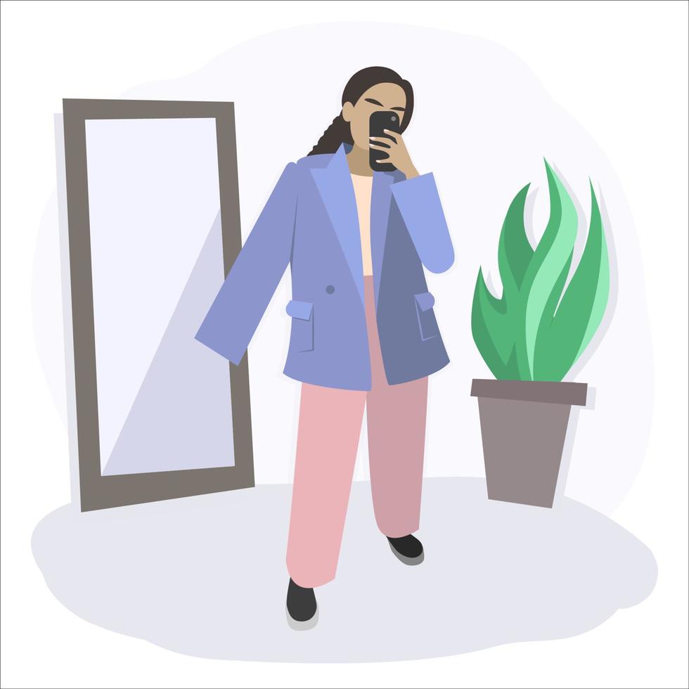 girl with phone, mirror and plant vector