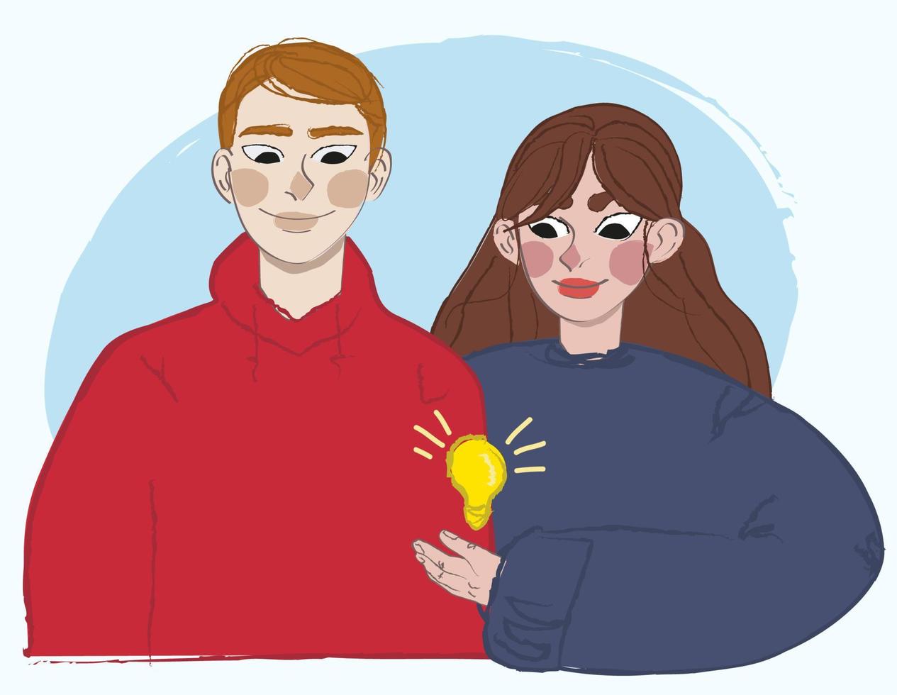 Illustration of a girl and a guy with a light bulb vector