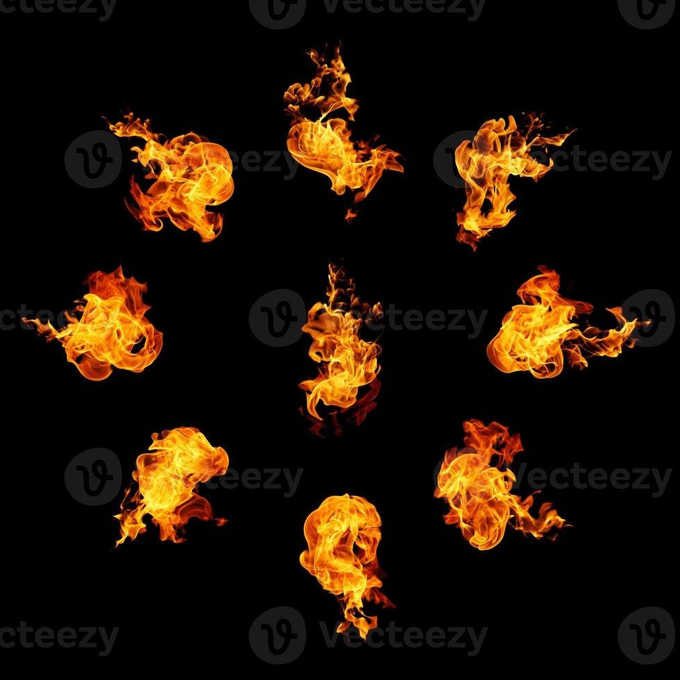 Fire flames collection isolated on black background photo