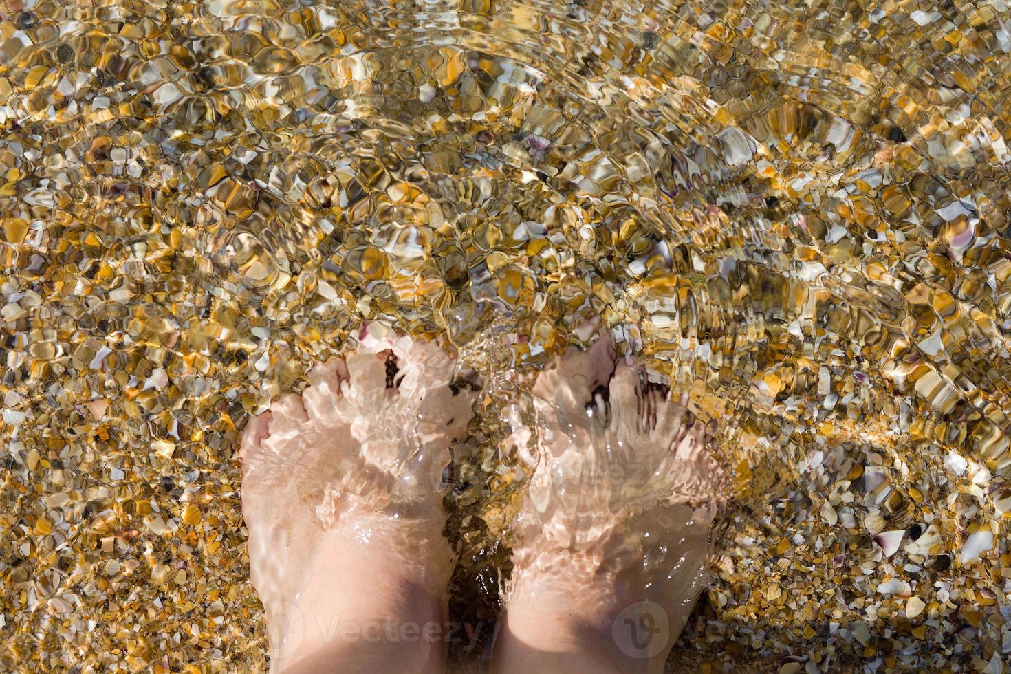 pies de mujer en el fondo de arena y conchas marinas. concepto de vacaciones de verano. vacaciones en la playa foto