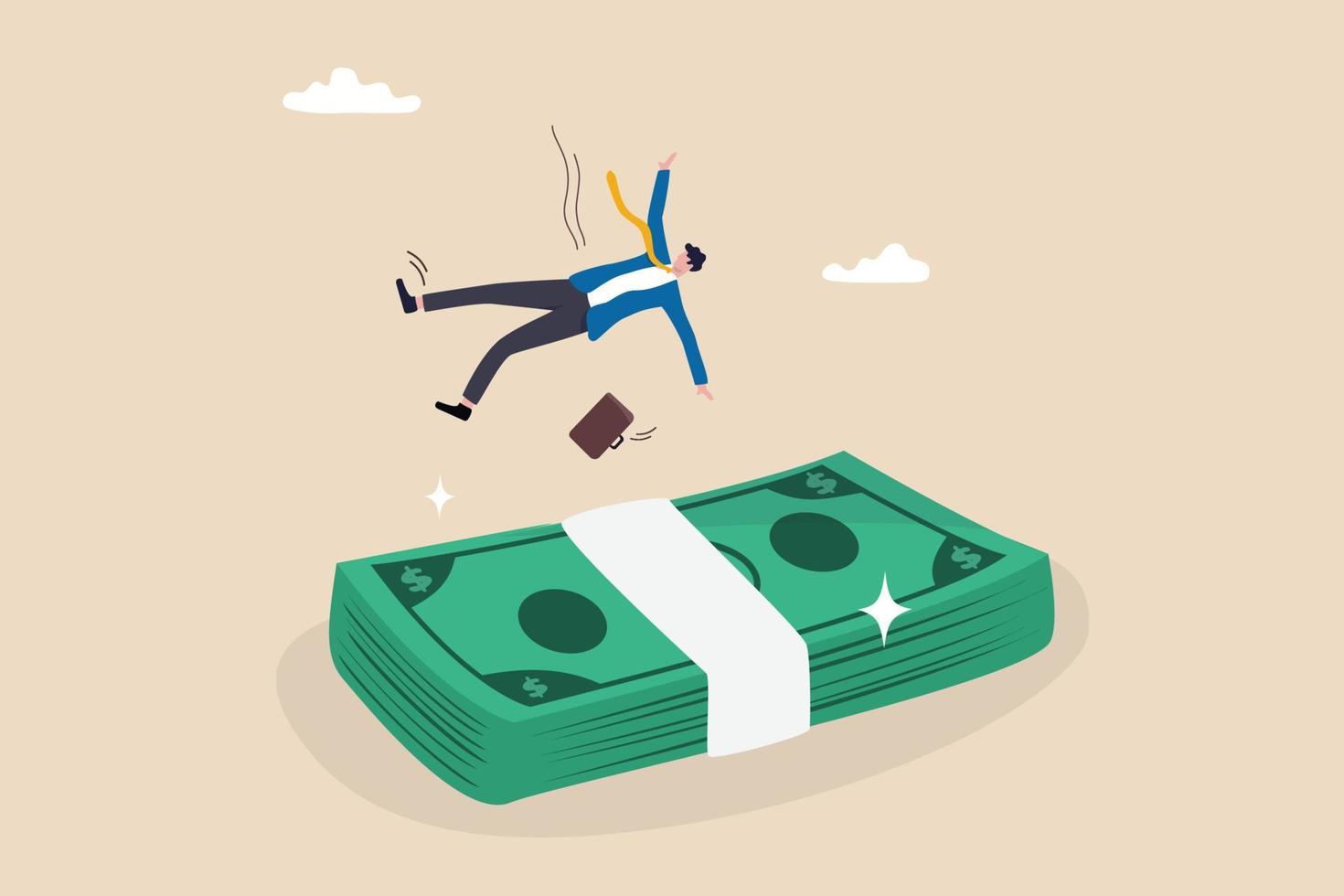 Insurance, reserve money or emergency fund on business failure, mistake or accident, compensation or money support and cushion concept, fail businessman falling on huge money banknotes safety cushion. vector