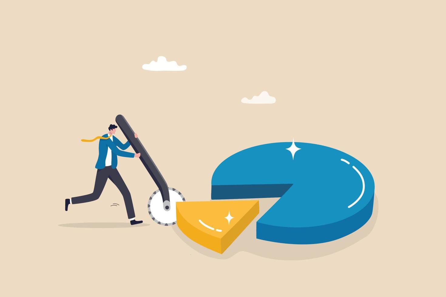 Market share revenue distribution or investment earning and profit pie chart, business competition percent diagram concept, businessman company owner cut out or split pie chart for his sharing part. vector