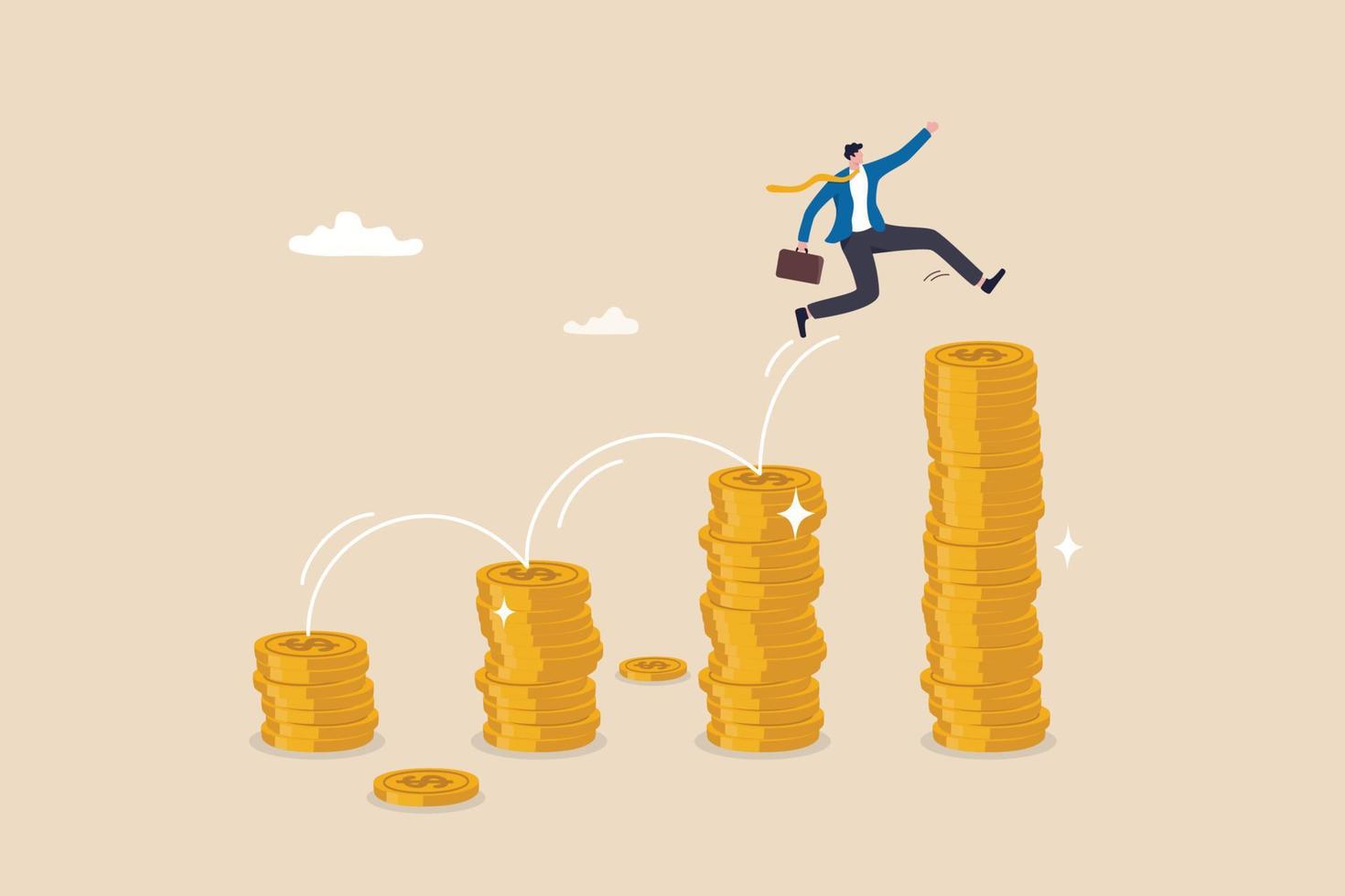 Pay raise salary increase, wages or income growth, investment profit and earning rising up, career development or wealth management concept, happy businessman jumping on rising money coin stack. vector