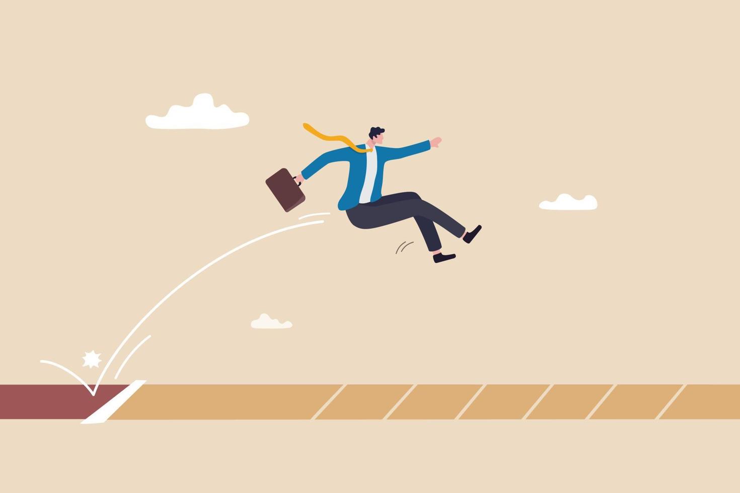 Business challenge, ambition to win competition or better than previous try, effort to achieve target or goal, overcome difficulty concept, businessman with briefcase long jump to winning new record. vector