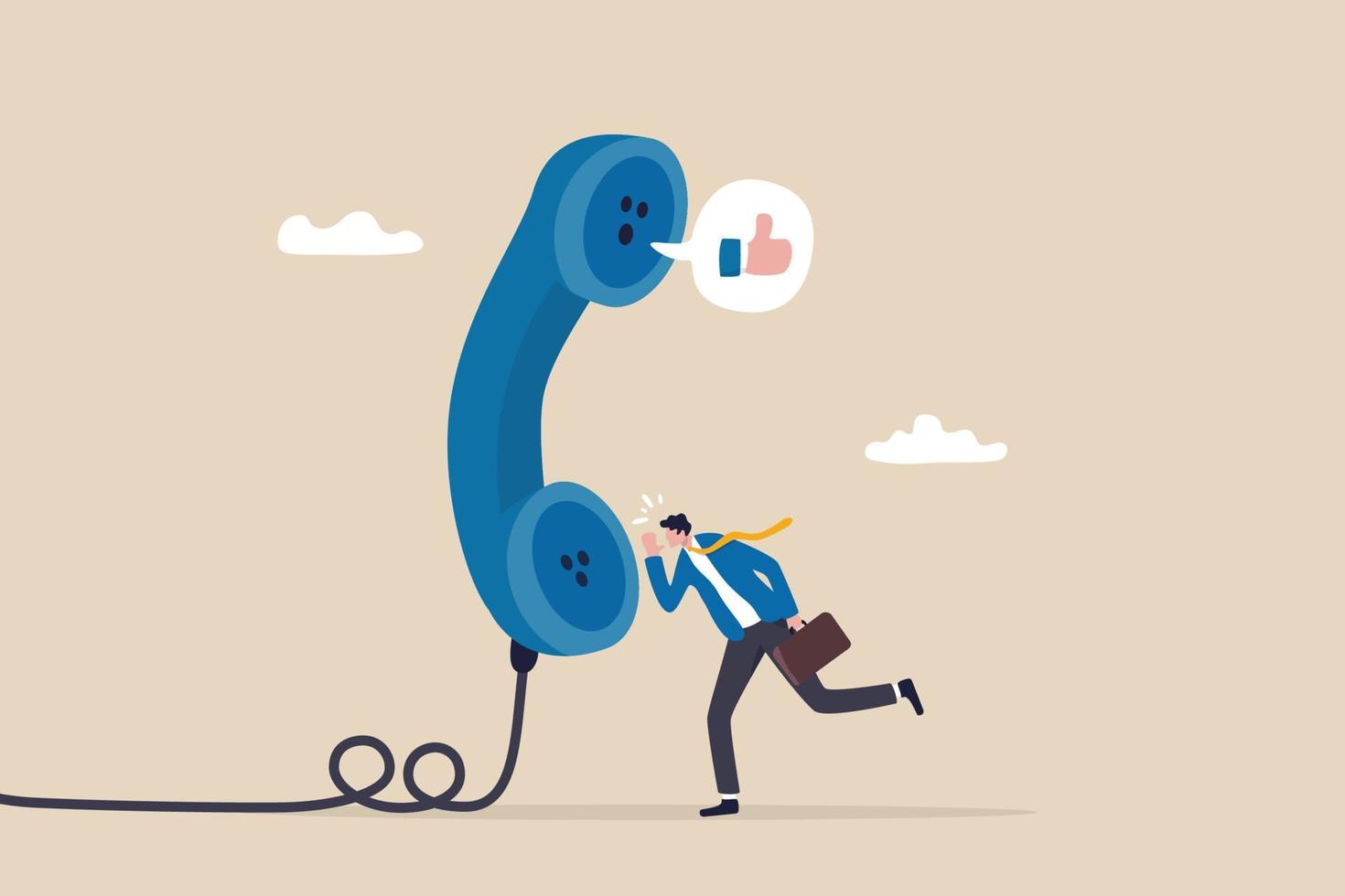 Telephone call expert to generate lead or sales, success telemarketing tell promotion to prospect or client concept, businessman sale representative agent talk in phone call with thumb up feedback. vector