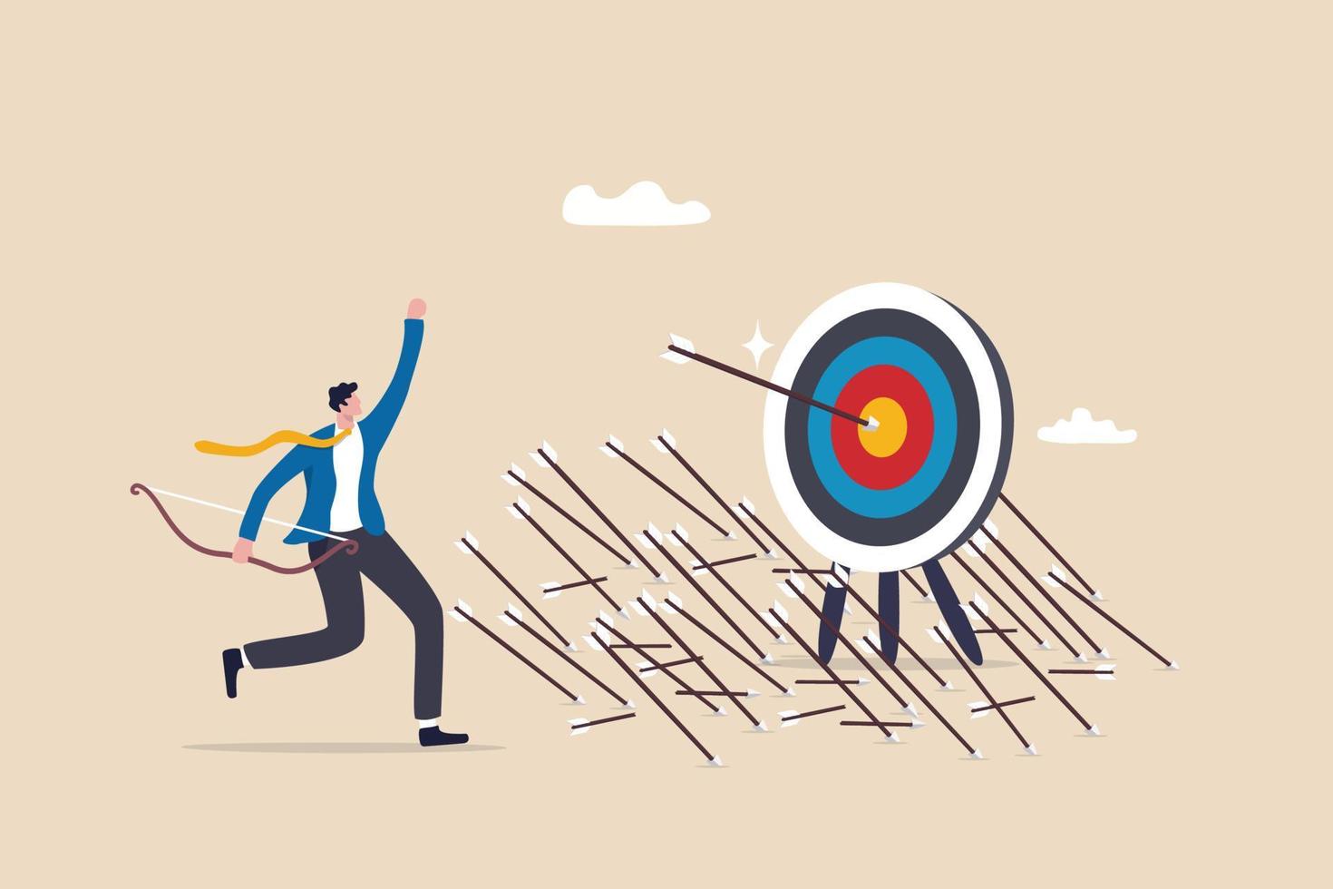 Effectiveness and efficiency to measure success rate, effort or cost to reach goal or target, practice until succeed concept, cheerful businessman finally hit target after too many unsuccessful tries. vector