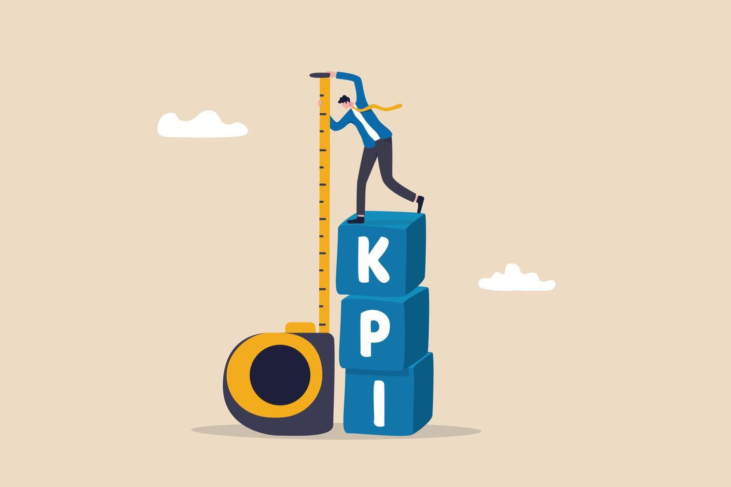 kpi, medición de indicadores clave de rendimiento para evaluar el éxito o cumplir objetivos, métricas o datos para revisar y mejorar el concepto de negocio, empresario que se encuentra en la parte superior del rendimiento de medición de la caja kpi. vector