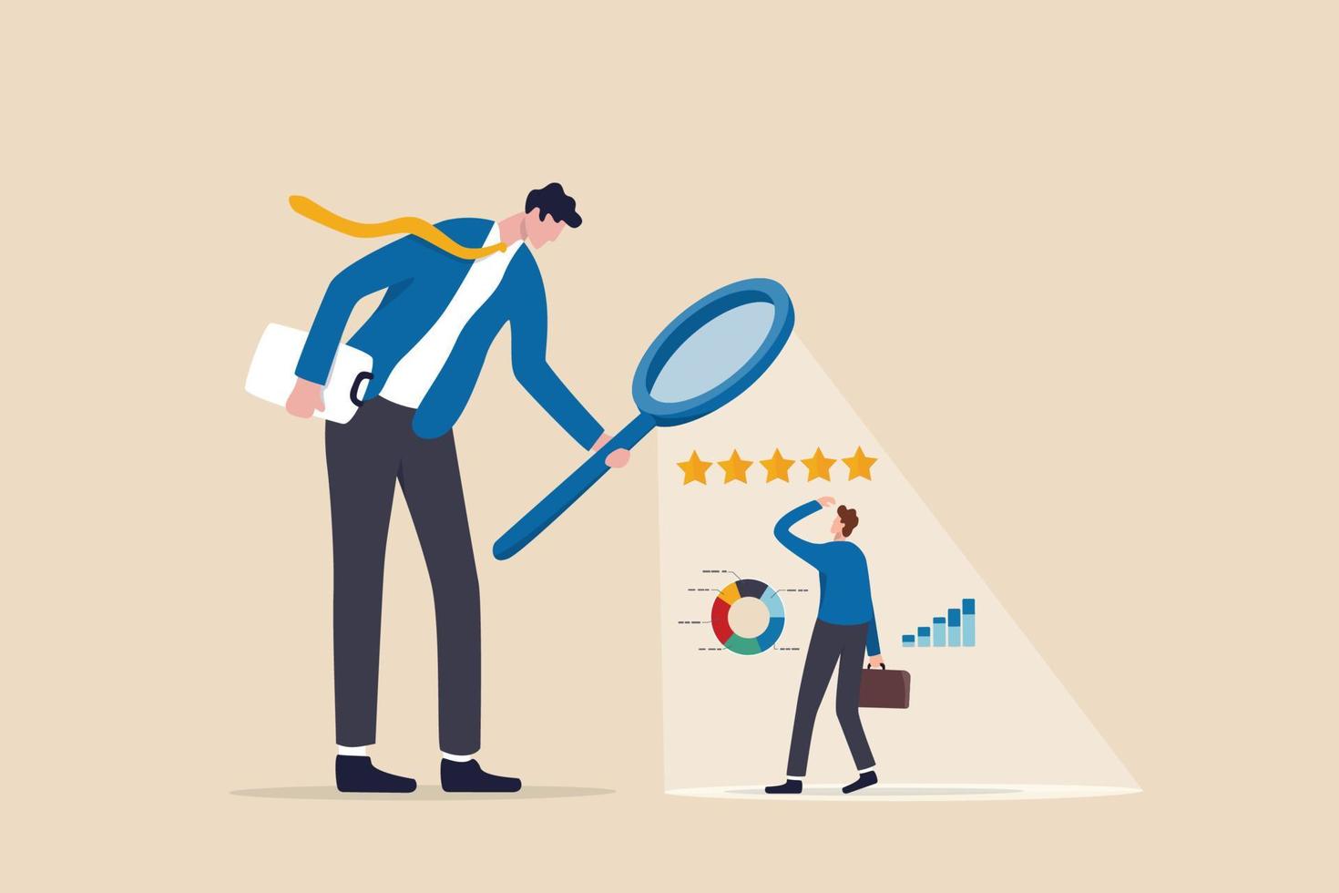 Employee performance evaluation, appraisal or annual review for goals achievement, assessment for rating or feedback concept, businessman manager use magnifier to analyze employee with 5 stars rating. vector