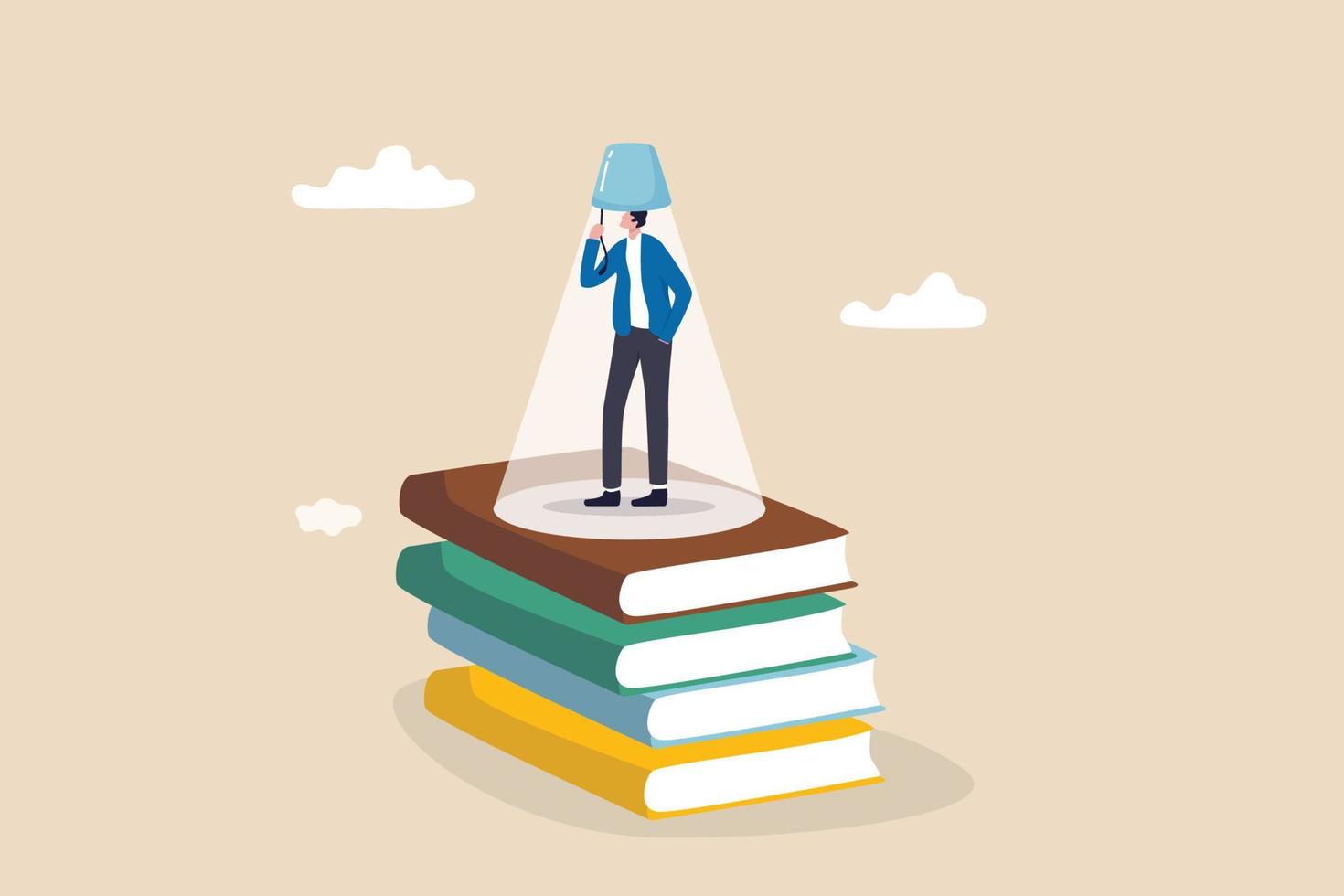 Knowledge is power, education or wisdom help solving problem, creativity, intelligence and innovation to develop solution concept, educated man stand on books staking turn on light bulb on his head. vector