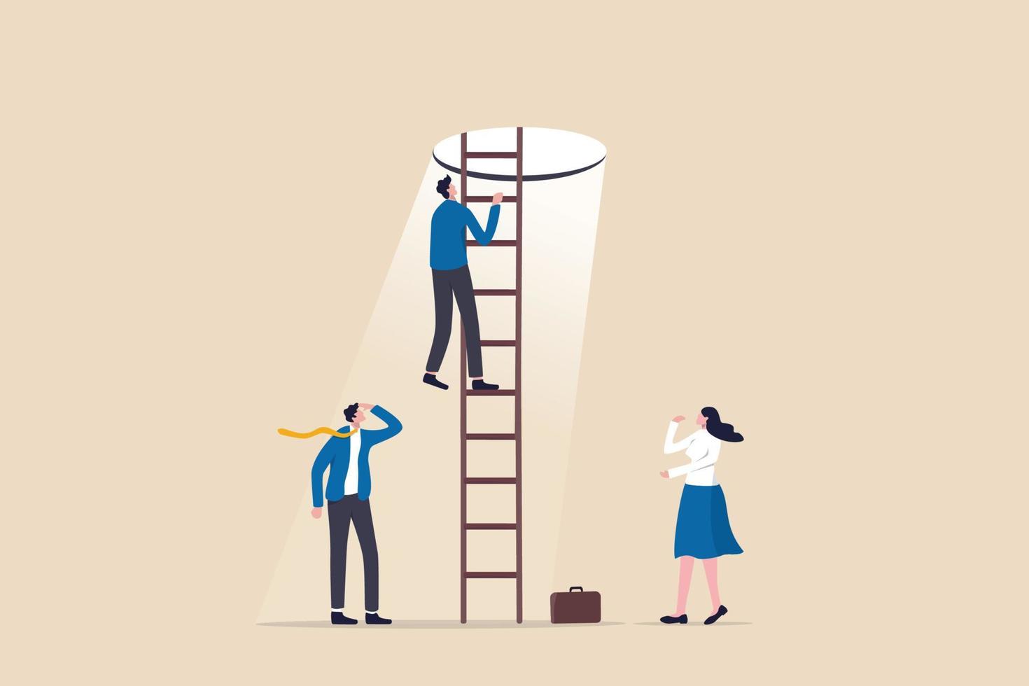 Hopefulness motivation to solve problem, challenge to overcome difficulty or courage to escape for freedom, hope to overcome fear concept, businessman climb up ladder to light shining way out. vector