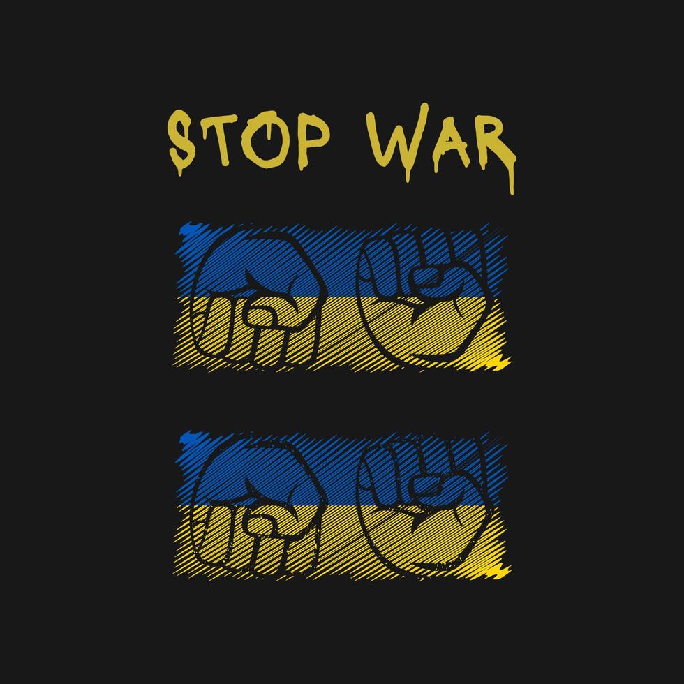 Stop war, ukraine flag set in sketch style. Yellow and black background vector