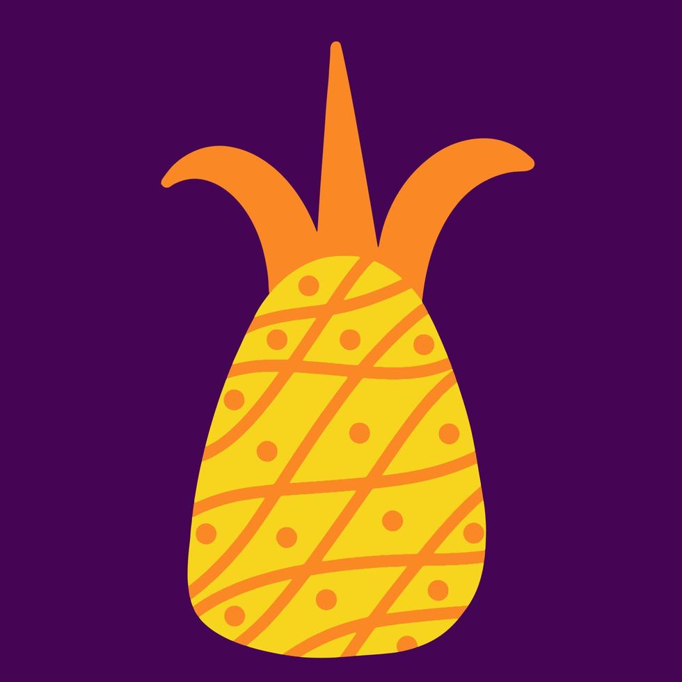 ilustración vectorial de piña. fruta tropical brillante aislada en un fondo oscuro. estilo de dibujos animados planos, fruta exótica amarilla. icono lindo para el diseño y la decoración vector