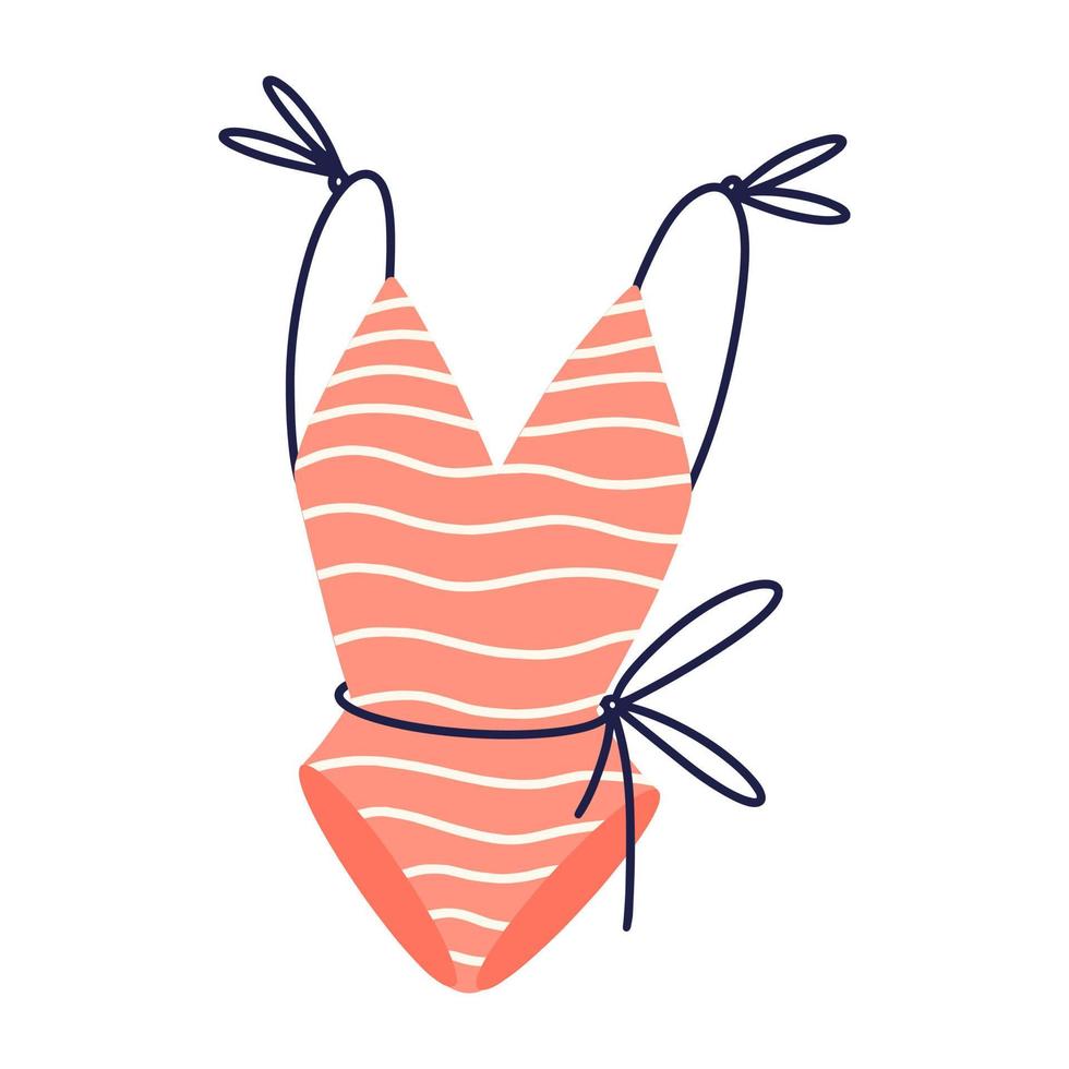 icono de vector de traje de baño de una pieza femenino. ilustración dibujada a mano aislada sobre fondo blanco. ropa de rayas brillantes para relajarse en la playa, tomar el sol, nadar. clipart de dibujos animados de verano, estilo plano