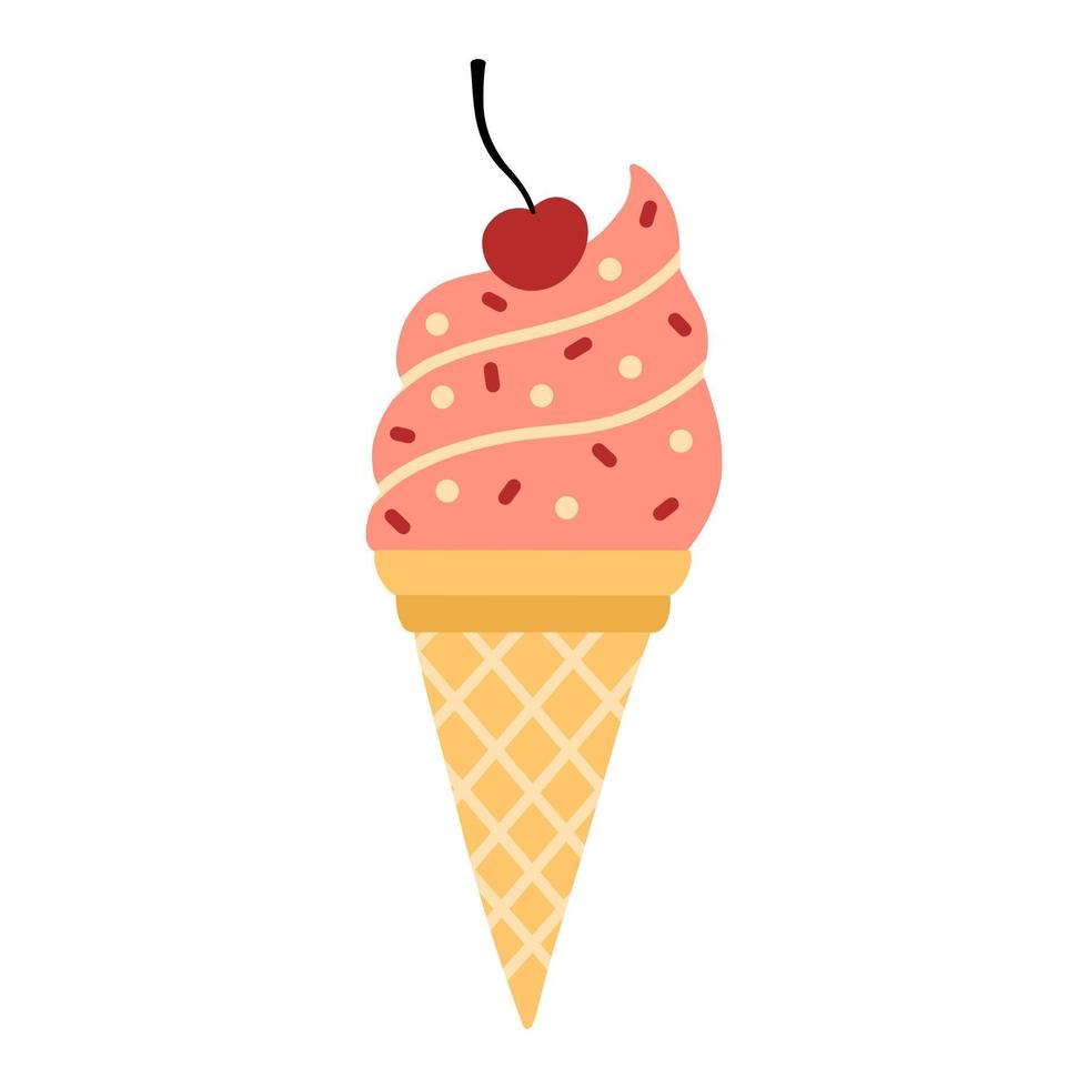 Ice cream in waffle cone vector icon. Hand drawn illustration isolated on white background. Delicious summer dessert with sprinkling, cherry berry. Flat cartoon style