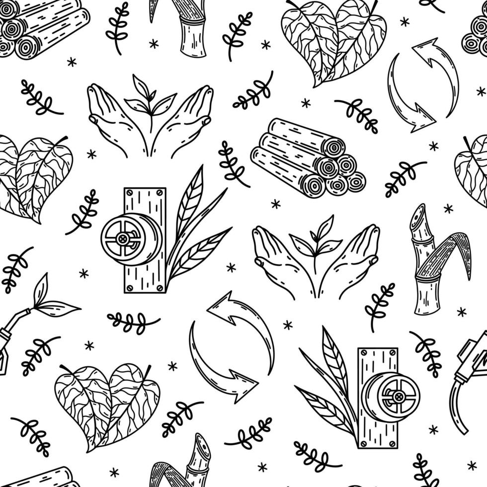 Biofuel seamless vector pattern. Hand drawn illustration isolated on white background. Natural alternative energy - firewood, biogas. Environmental care, recycling. Monochrome sketch