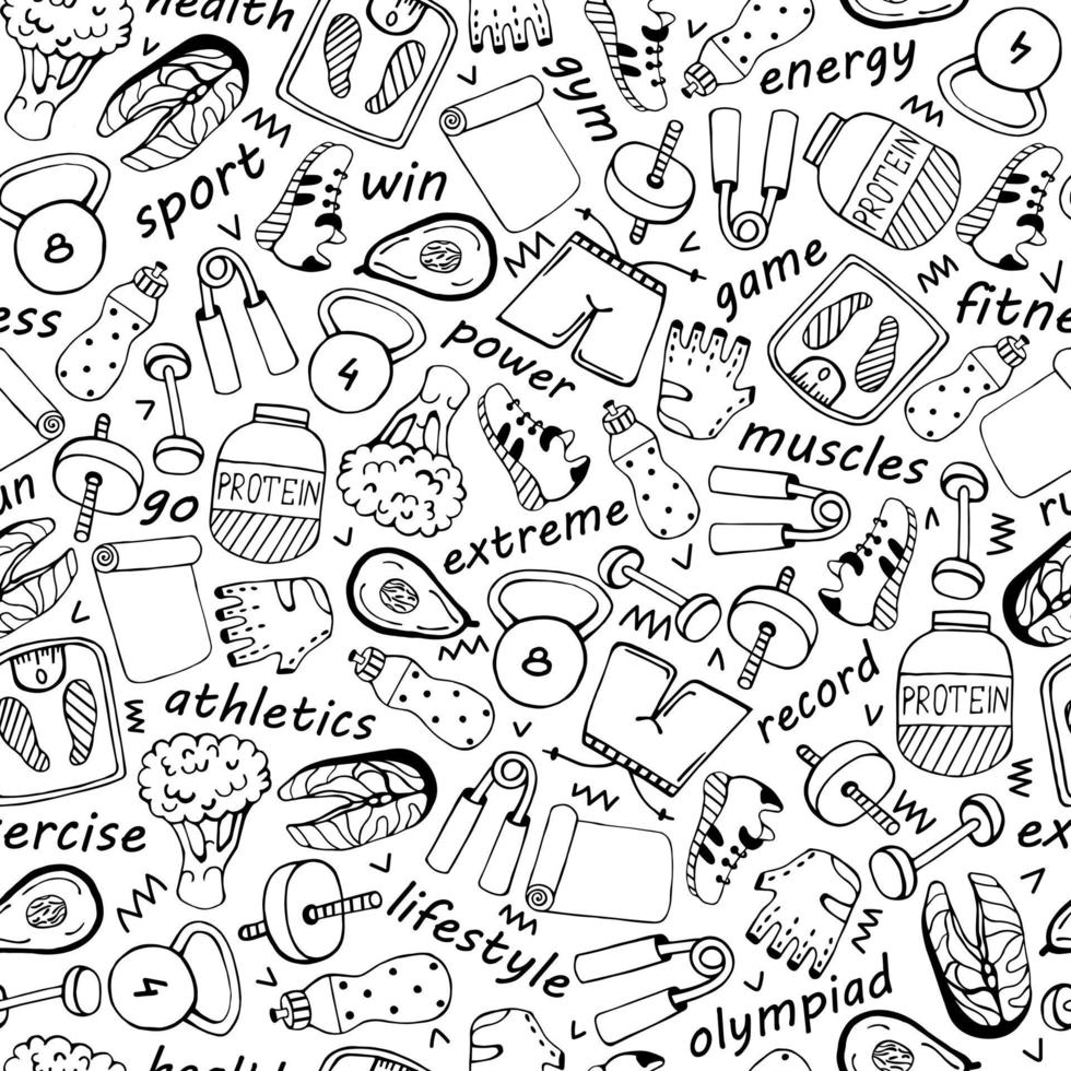 Sports equipment seamless vector pattern. Hand drawn illustration isolated on white background. Gym tools, sportswear, protein vegetable nutrition. Healthy lifestyle, monochrome sketch
