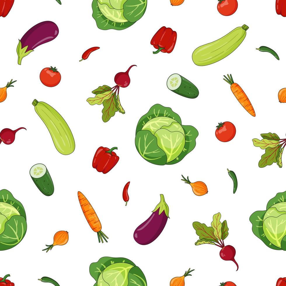 Seamless pattern with summer seasonal vegetables - cabbage, eggplant, beetroot, tomato, zucchini vector