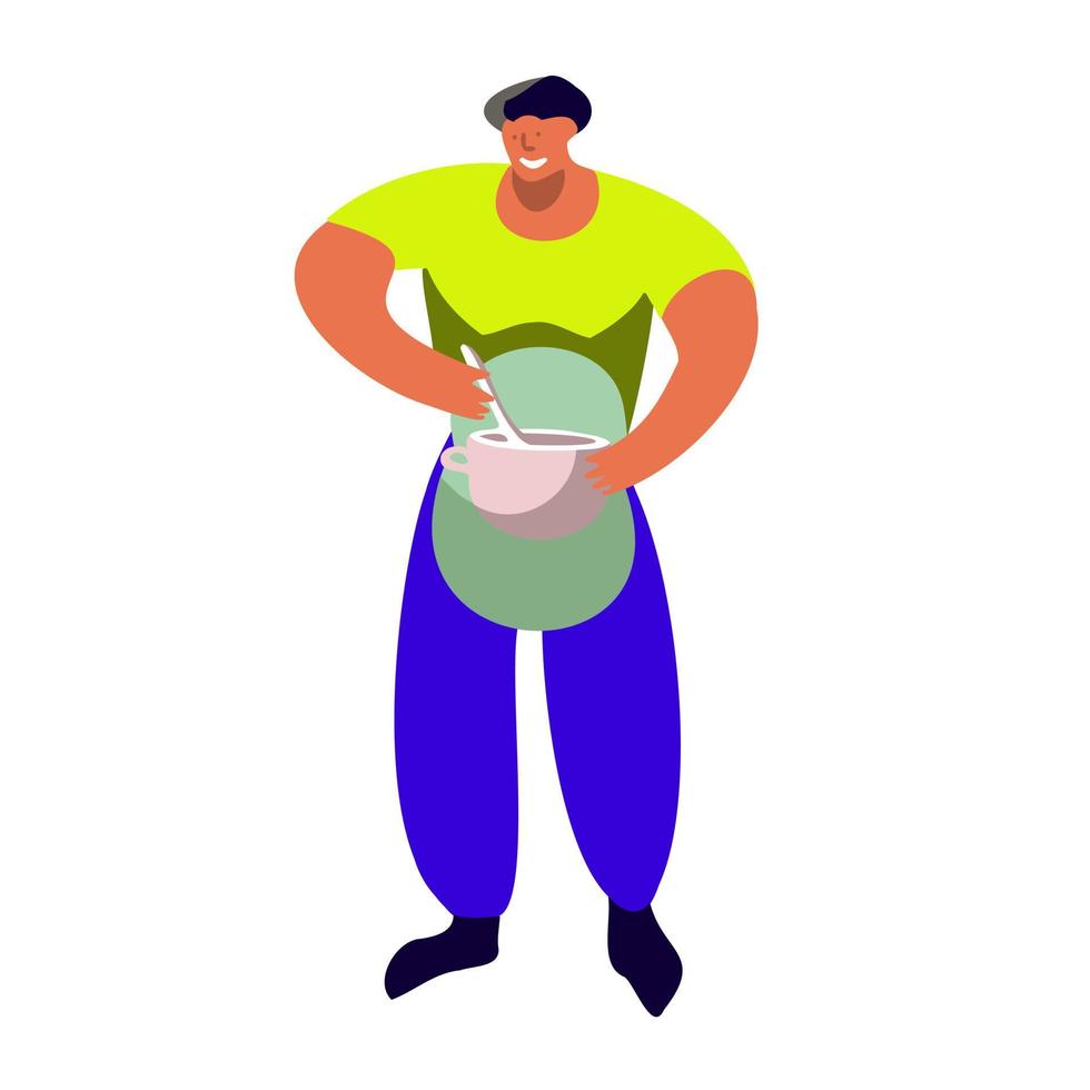 A man with a saucepan A man engaged in cooking vector