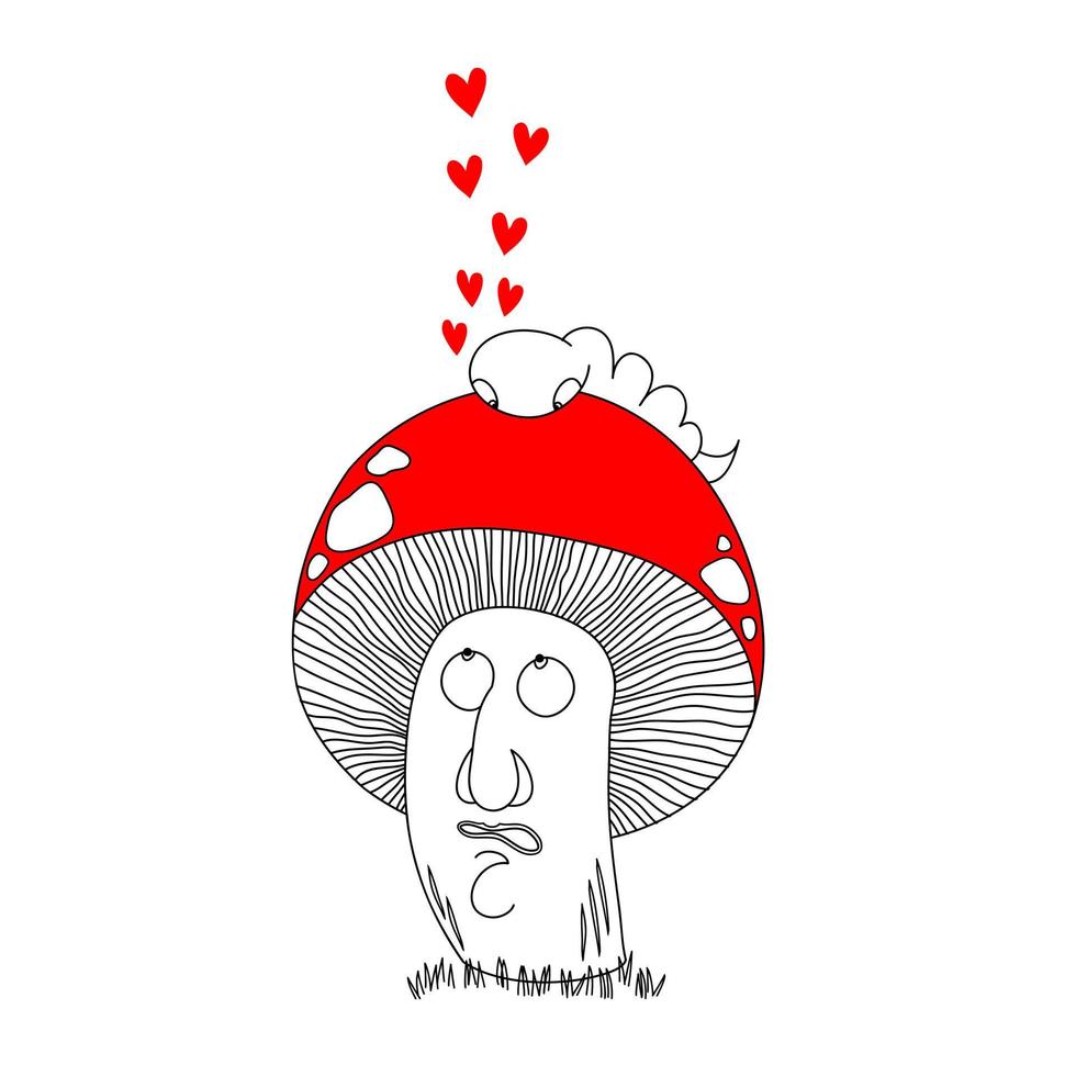 Mushroom. Vector illustration. In love with a worm. Worm on a mushroom with hearts. Funny illustration.