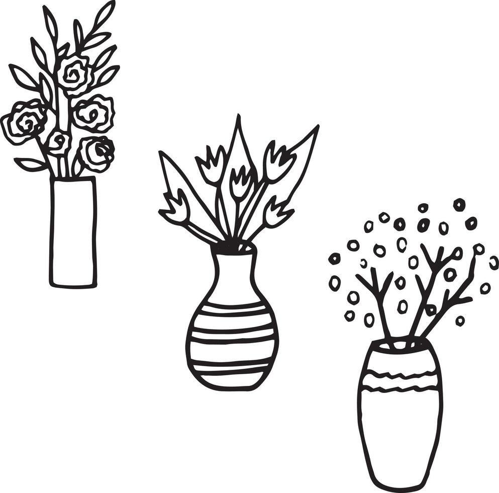 jarrones con flores. conjunto de elementos dibujados a mano en estilo doodle. vector colección escandinava hogar acogedor, hygge, tulipanes, rosas