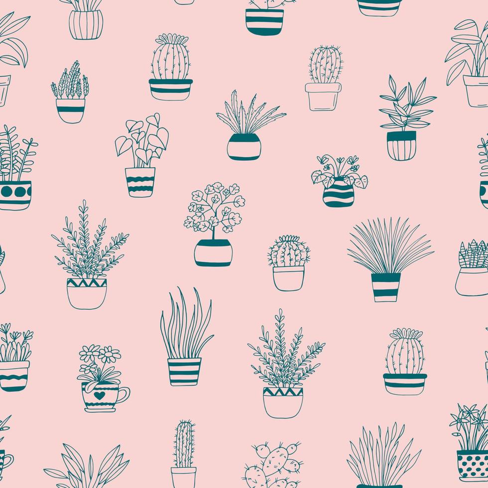 houseplants in pots seamless pattern hand drawn. , plants, flowers, minimalism, scandinavian. trendy colors 2022. wallpaper background textiles wrapping paper cactus vector