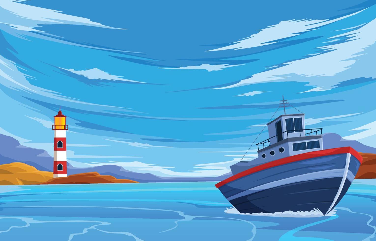 Sea Scenery with Ship and Lighthouse vector
