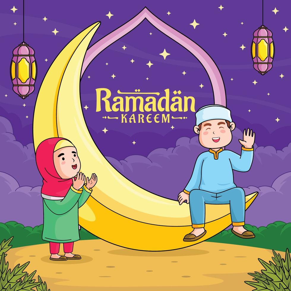 concepto de ramadan kareem con niños musulmanes jóvenes vector