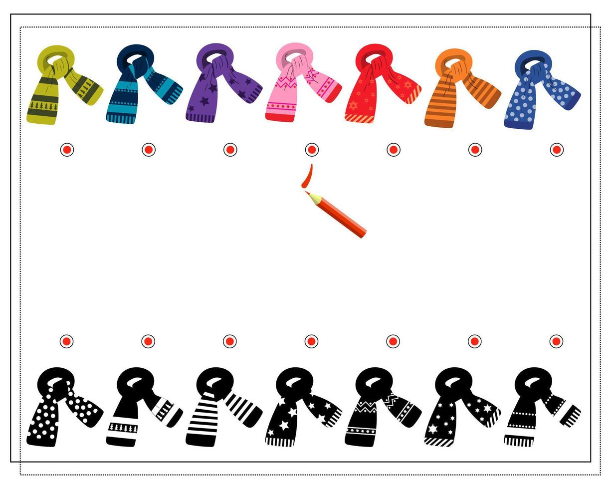 A logical game for children. find the right shade, winter scarves with different patterns vector