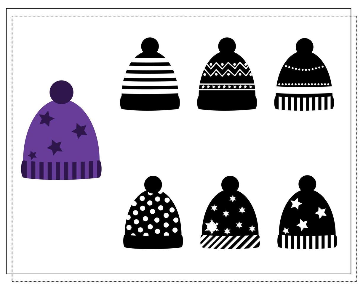 un juego de lógica para los niños. encuentra el tono adecuado, un gorro morado de invierno con estrellas. vector