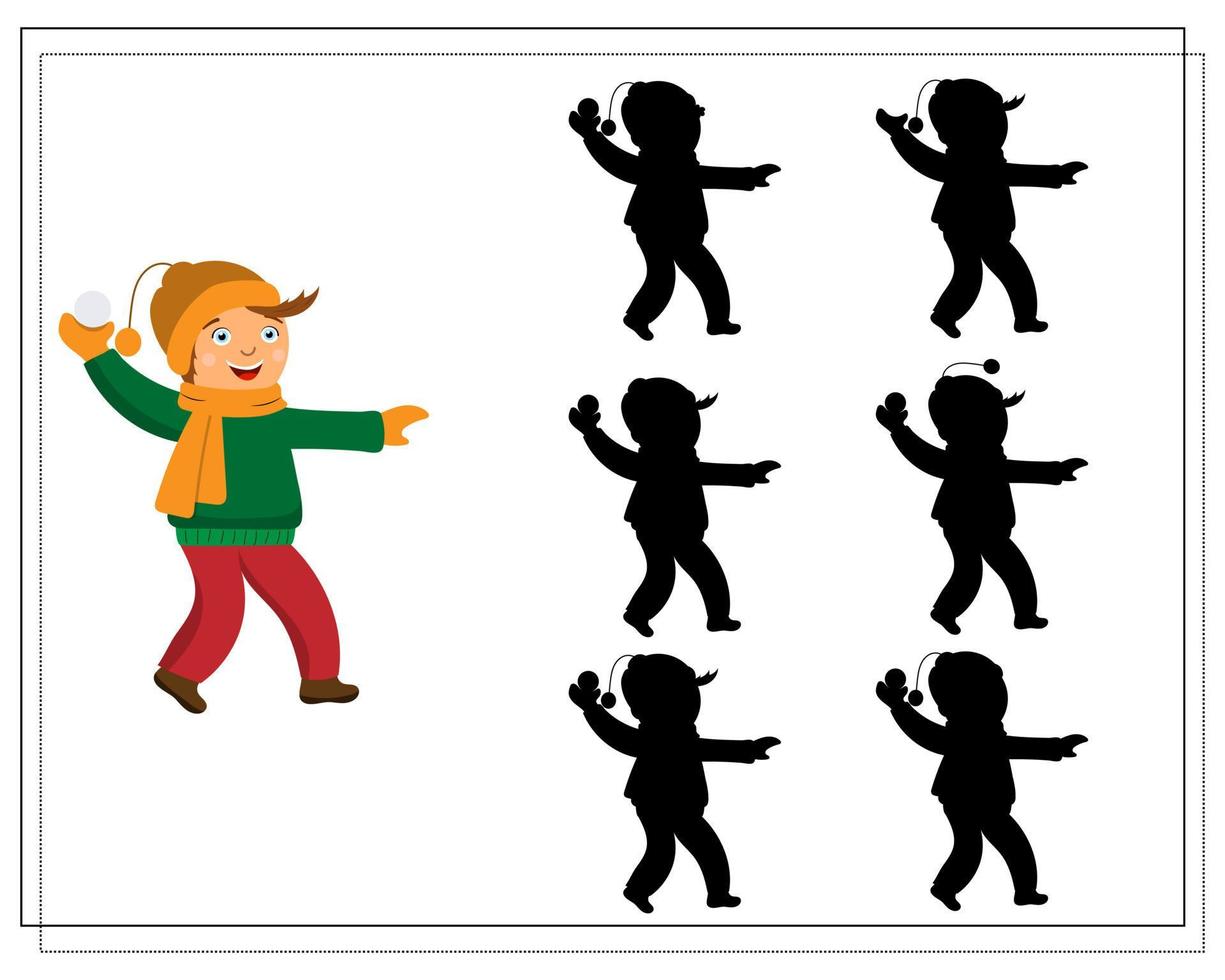 Puzzle game for kids find the right shadow, cute cartoon kids playing snowballs vector
