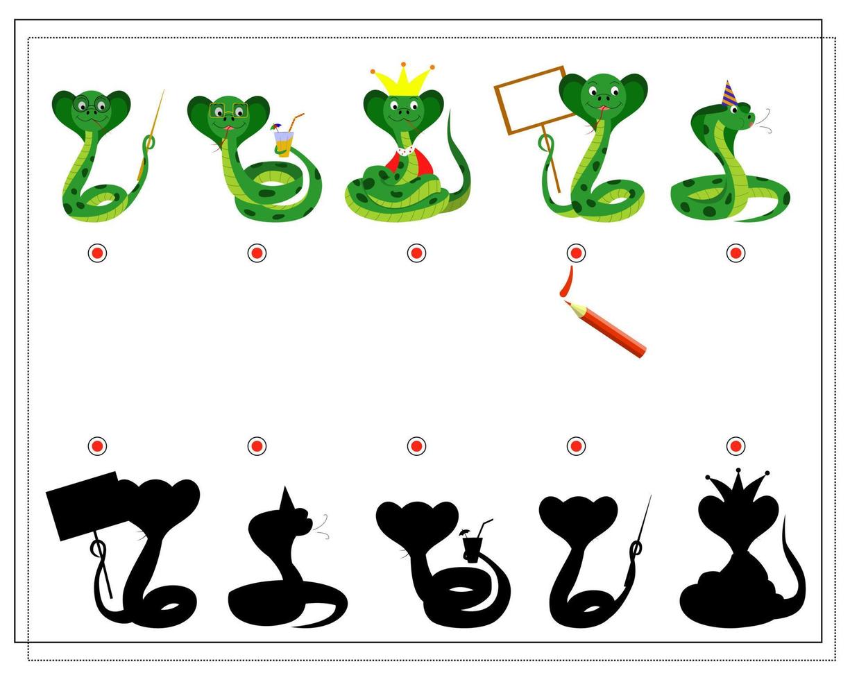 un juego de lógica para niños encuentra la sombra correcta. serpiente de dibujos animados lindo, vector