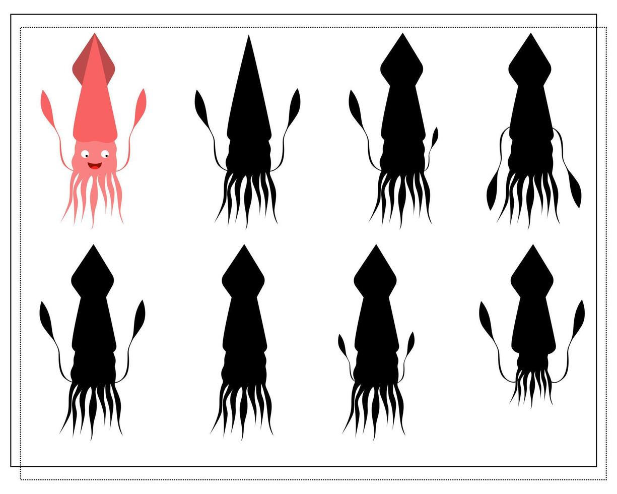 Puzzle game for kids find the right shadow. Choose a shade for the sea creatures, cartoon squid. vector
