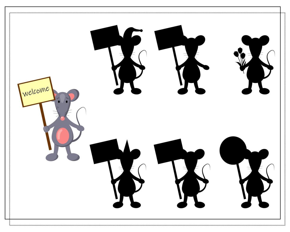 A logical game for children, Find a shadow. cute cartoon rat, vector