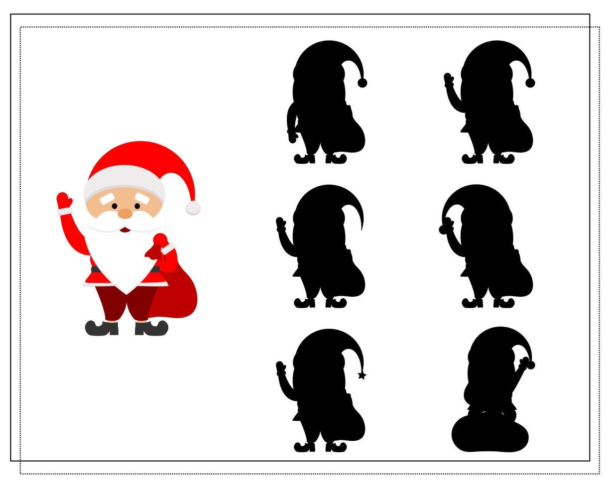 A logical game for children, find the right shadow. cartoon santa with a bag. vector