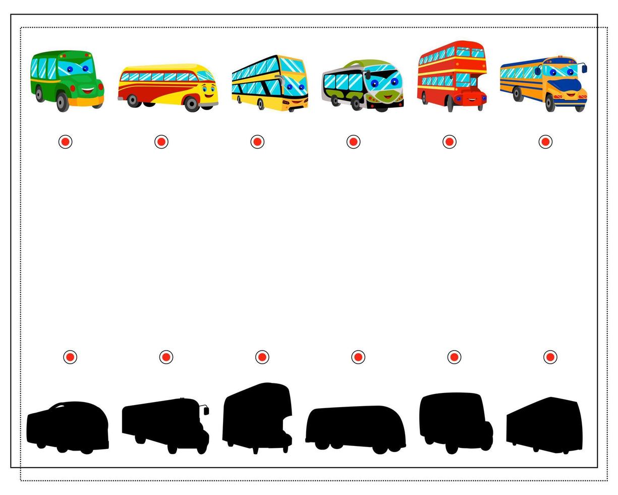 un juego para niños. encontrar la sombra correcta. transporte urbano, autobuses de dibujos animados con ojos y una sonrisa, colores rojo, amarillo y verde vector