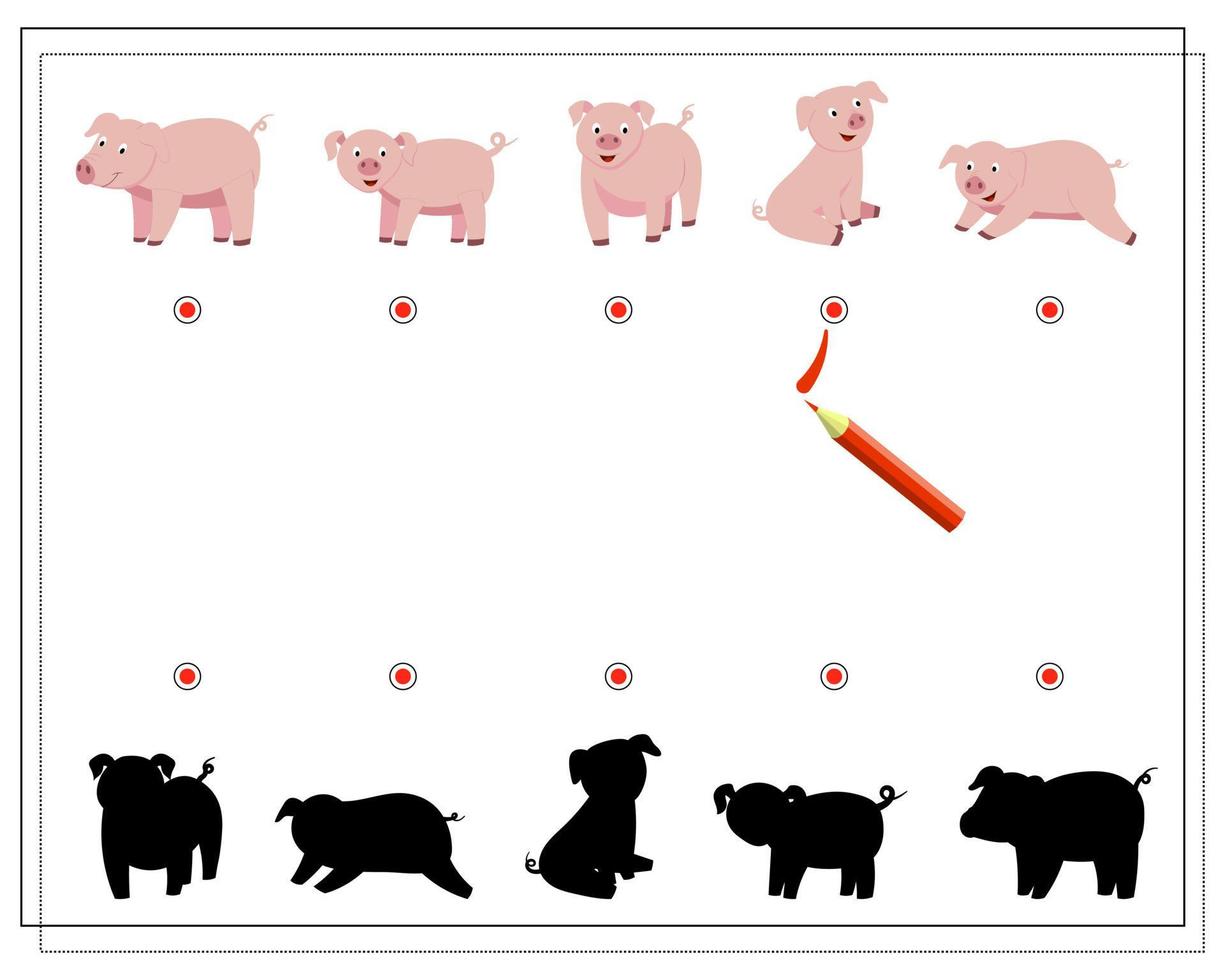 A logic game for kids find the right shadow, piggy. vector