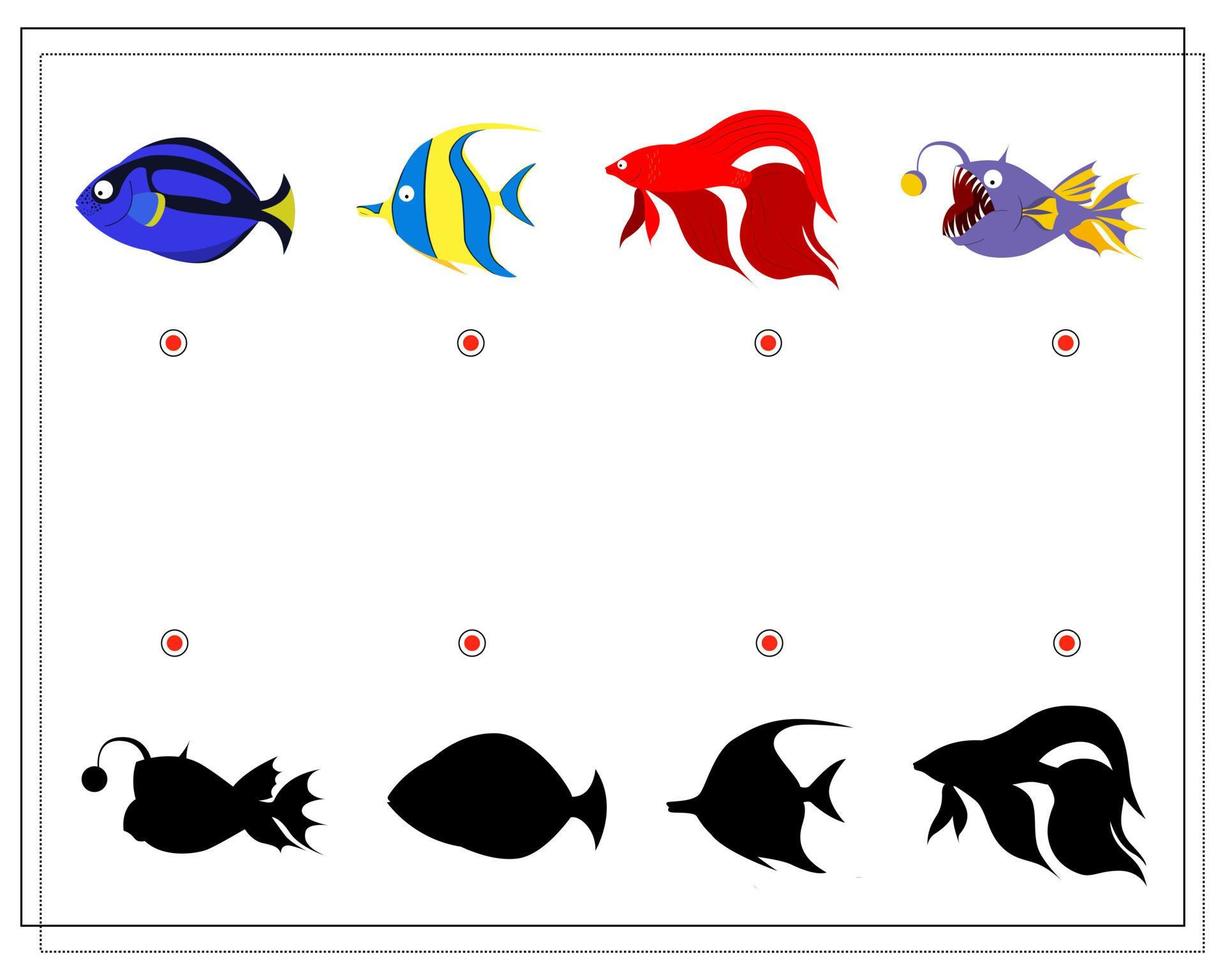 puzzle game for kids find the right shadow, sea fish vector