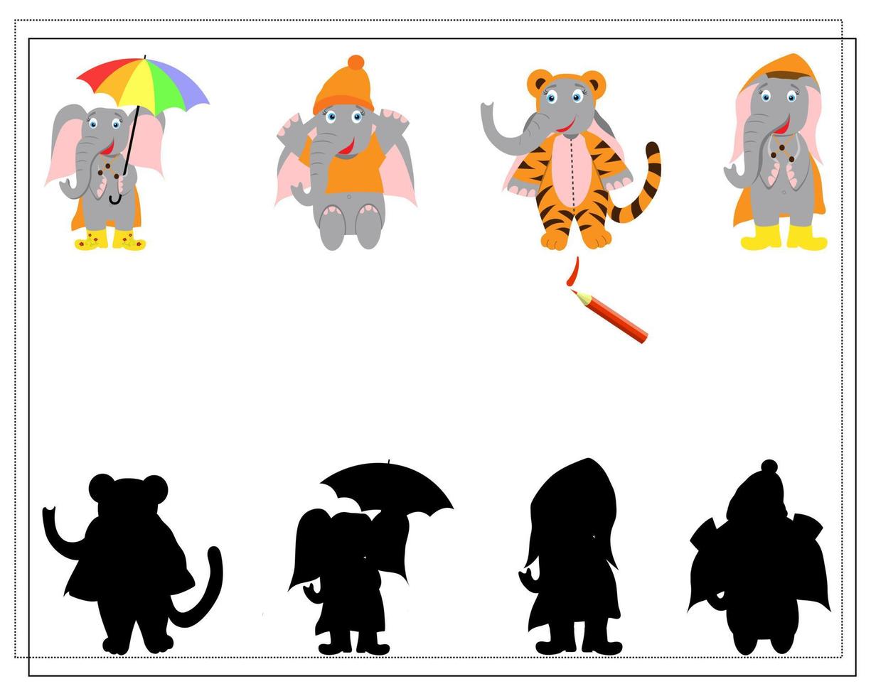 un juego para que los niños encuentren dónde está la sombra de quién. lindo elefante de dibujos animados vector