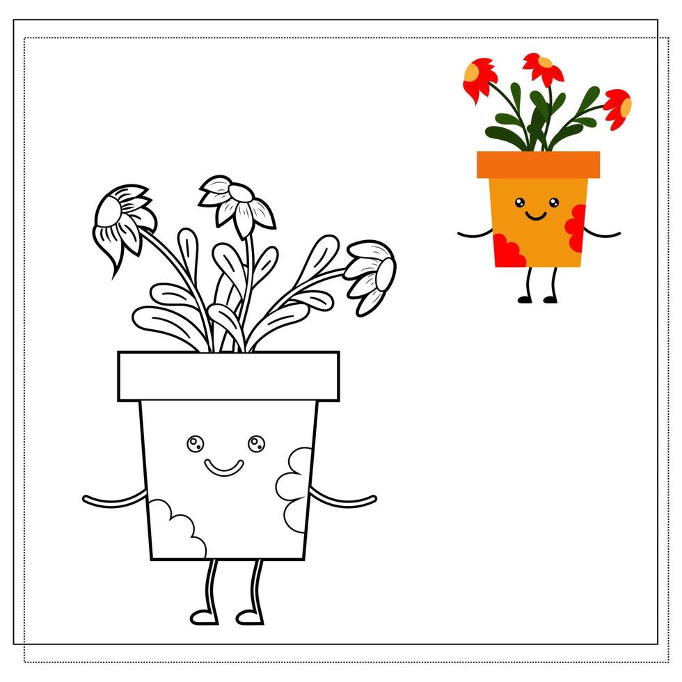 Coloring book for children. Paint a cute cartoon flower in a pot based on the drawing vector