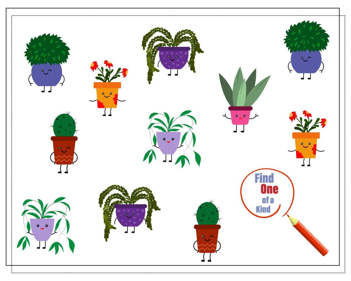 A puzzle game for kids, find the one of a kind. Cute cartoon flowers in kawaii pots. vector