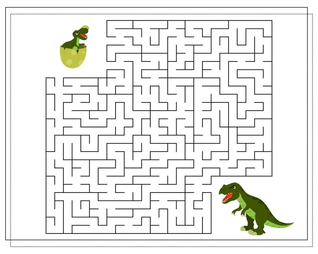 Children's logic game go through the maze. Help the baby Tyrannosaurus to pass the maze, dinosaurs. vector