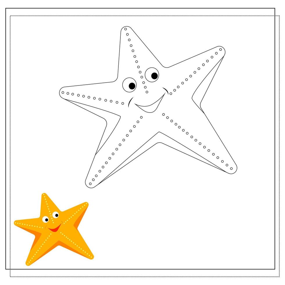 The page of the coloring book, starfish. Sketch and color version. vector