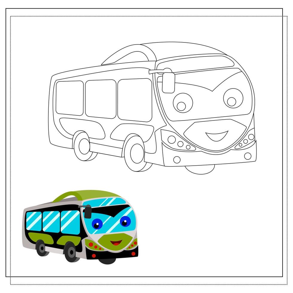 libro de colorear de autobús de dibujos animados con ojos y sonrisa. boceto y versión en color. libro para colorear para niños. vector