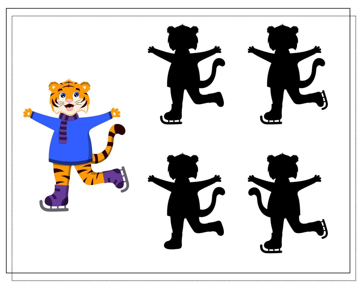 un juego para niños encuentra la sombra correcta, un tigre de dibujos animados en patines vector